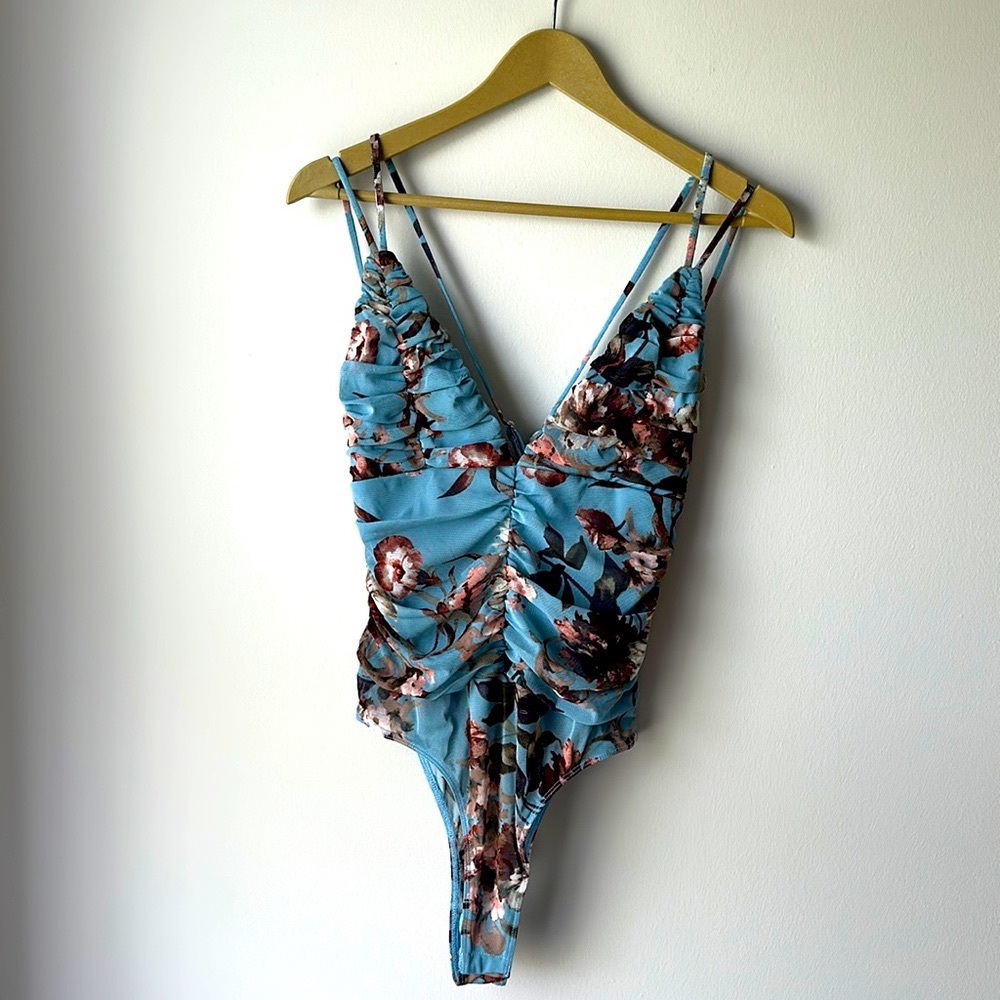 Ruched Mesh Bodysuit, Floral Print, Light Blue